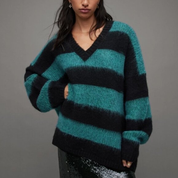 NEW AllSaints Lou Sparkle V neck knitted sweater with stripes - Picture 1 of 5